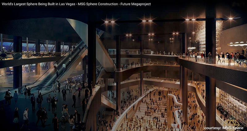 Interior of MSG Sphere in Las Vegas under construction. 3D visual of the 300 feet round event hall