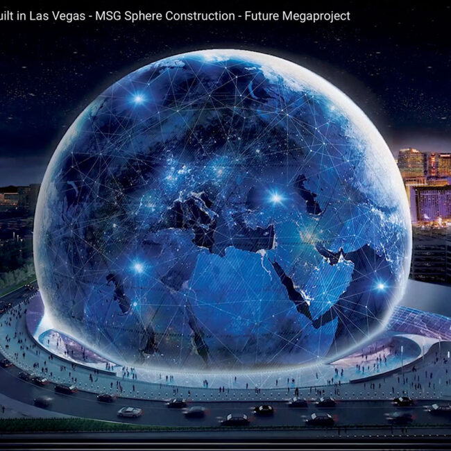 MSG Sphere in Las Vegas under construction. 3D visual of the 300 feet round event hall