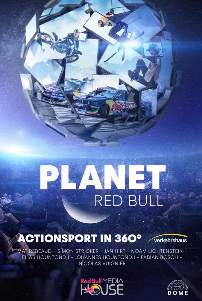 Cinema Billboard of PLANET Red Bull, the planet of screens on the background of a planetarium